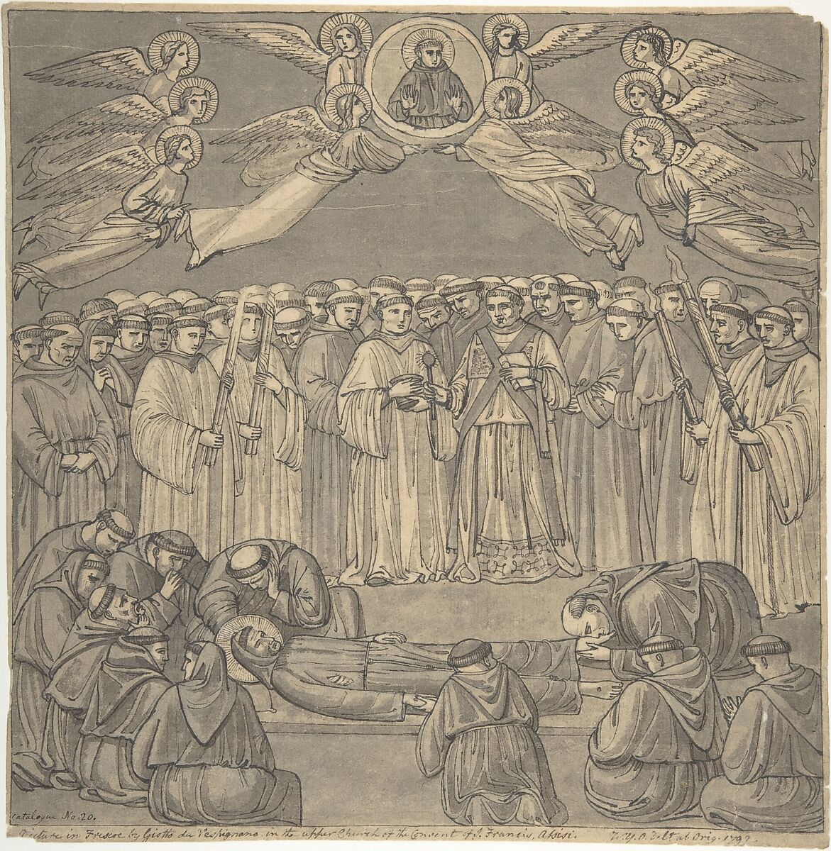 Death of St. Francis, after Giotto, upper Church S. Francesco, Assisi, William Young Ottley (British, Thatcham, Berkshire 1771–1836 London), Pen and black ink, brush and gray wash 