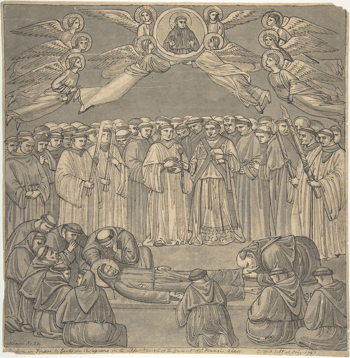 Death of St. Francis, after Giotto, upper Church San Francesco, Assisi, William Young Ottley (British, Thatcham, Berkshire 1771–1836 London), Pen and black ink, brush and gray wash 