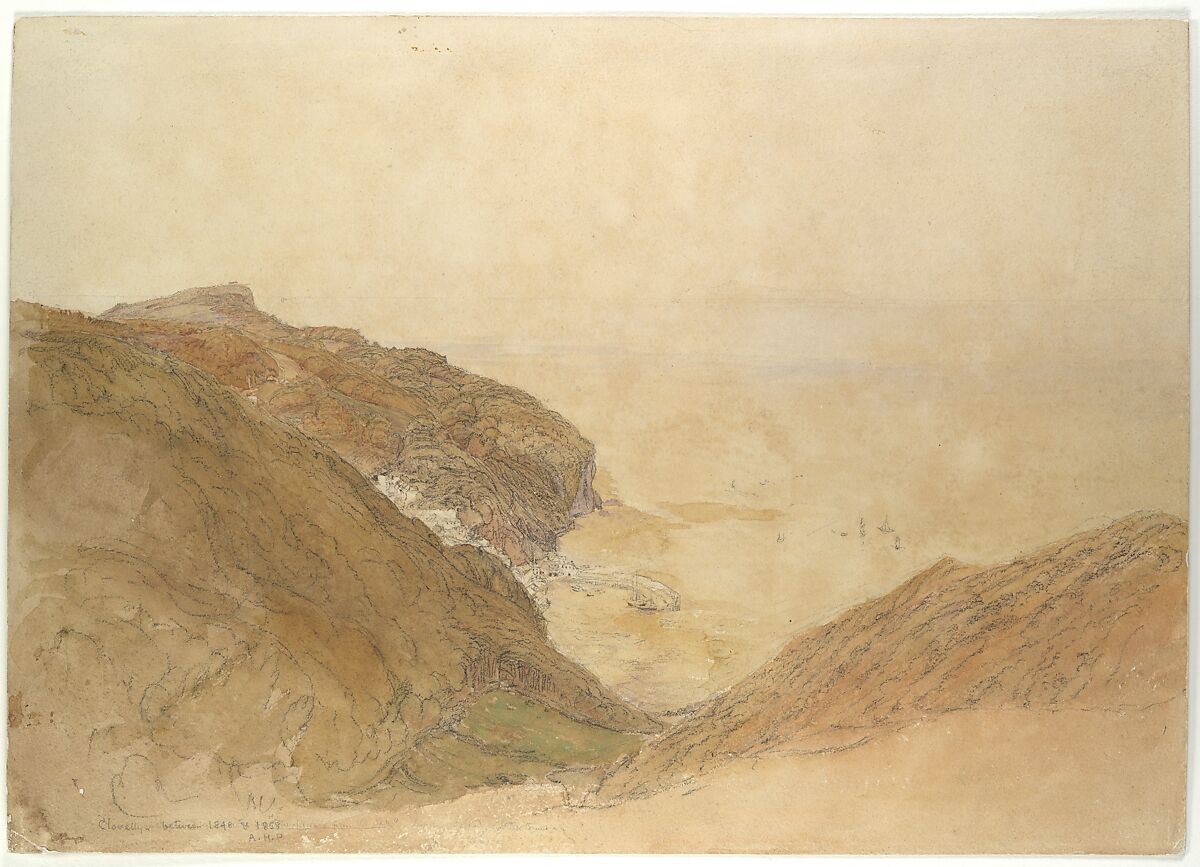 View of Clovelly, Devon, Samuel Palmer (British, London 1805–1881 Redhill, Surrey), Watercolor and gouache (bodycolor), black chalk and graphite 