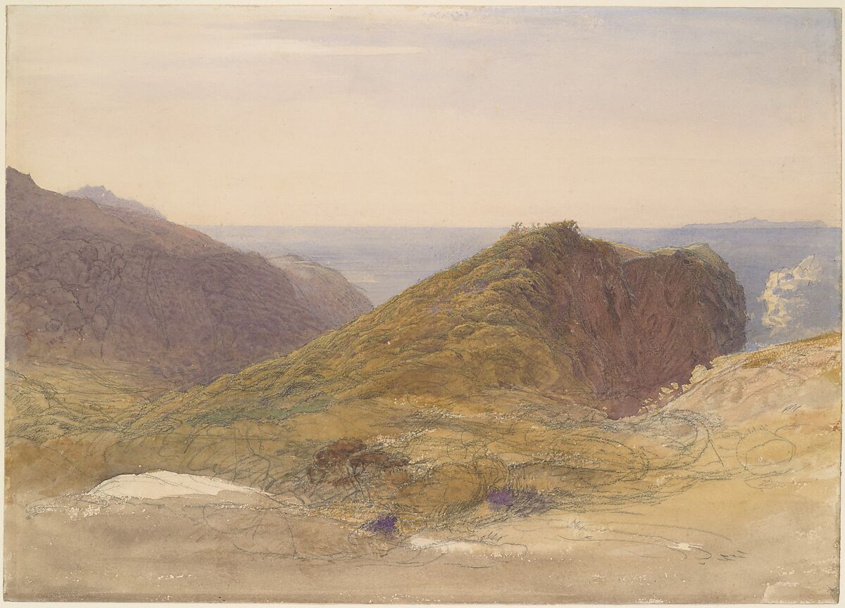 On the North Coast of Devon, Lundy Island in the Distance, Samuel Palmer (British, London 1805–1881 Redhill, Surrey), Watercolor and black chalk over graphite with touches of gouache (bodycolor) 