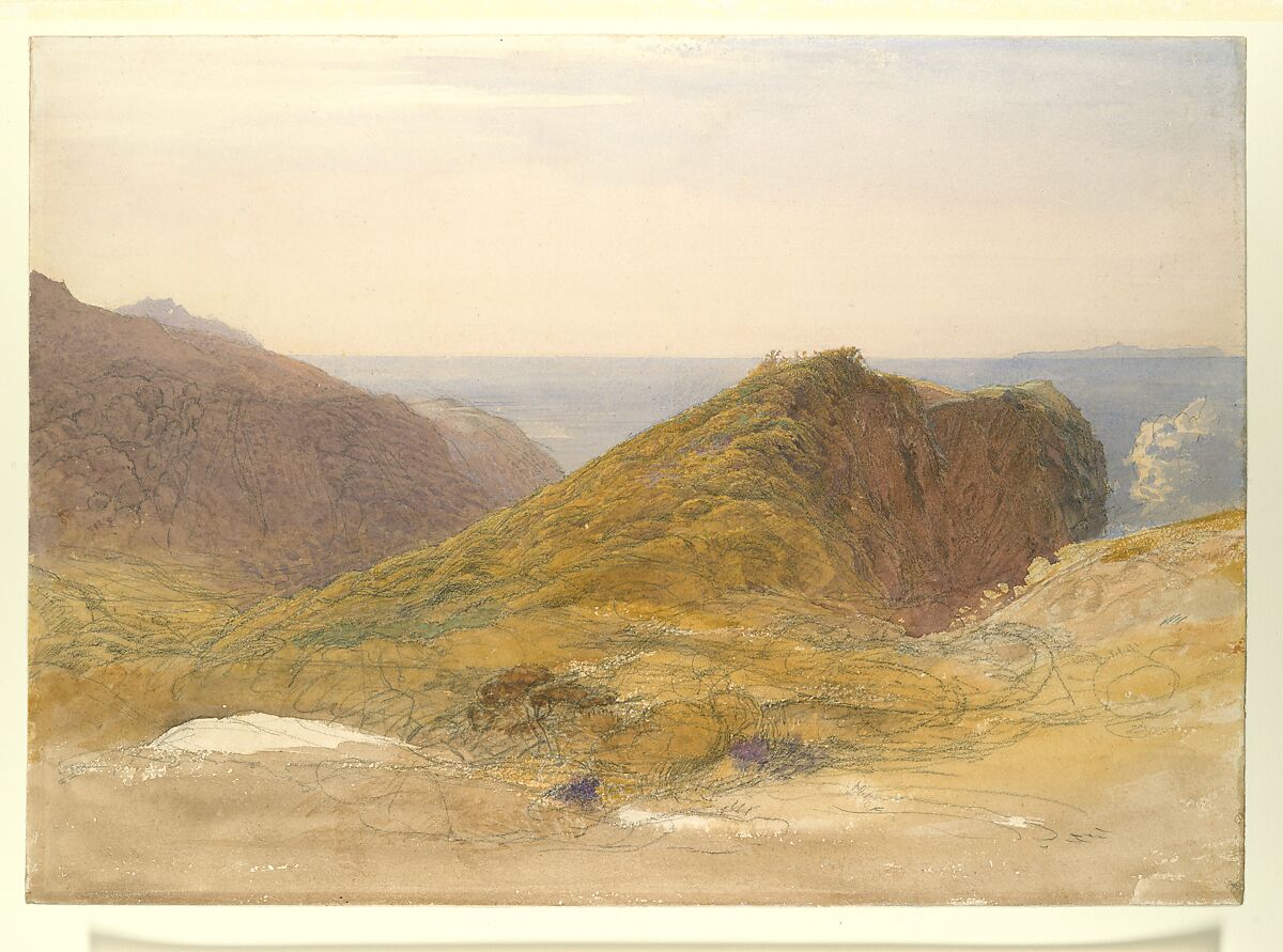 On the North Coast of Devon, Lundy Island in the Distance, Samuel Palmer (British, London 1805–1881 Redhill, Surrey), Watercolor and black chalk over graphite with touches of gouache (bodycolor)