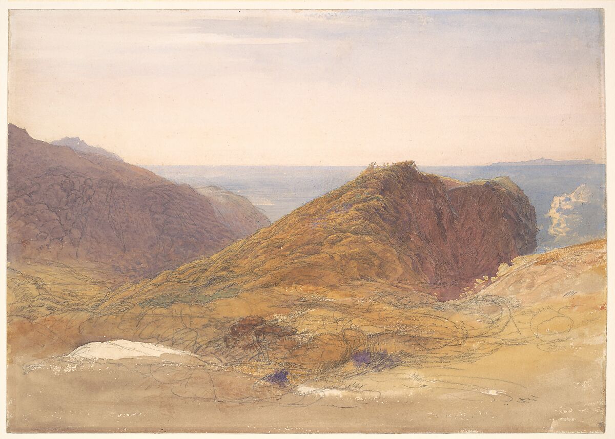 On the North Coast of Devon, Lundy Island in the Distance, Samuel Palmer (British, London 1805–1881 Redhill, Surrey), Watercolor and black chalk over graphite with touches of gouache (bodycolor)