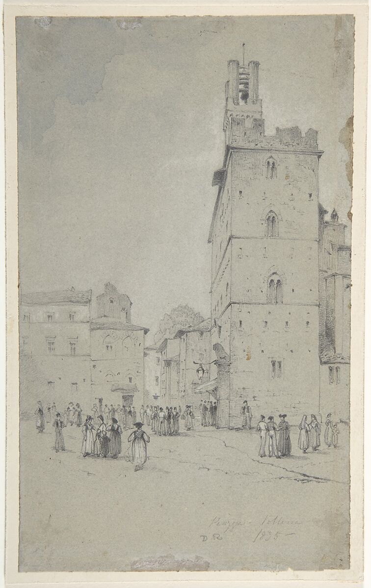 The Palazzo dei Priori, Volterra, David Roberts (British, Stockbridge, Scotland 1796–1864 London), Black graphite, heightened with white on blue paper 