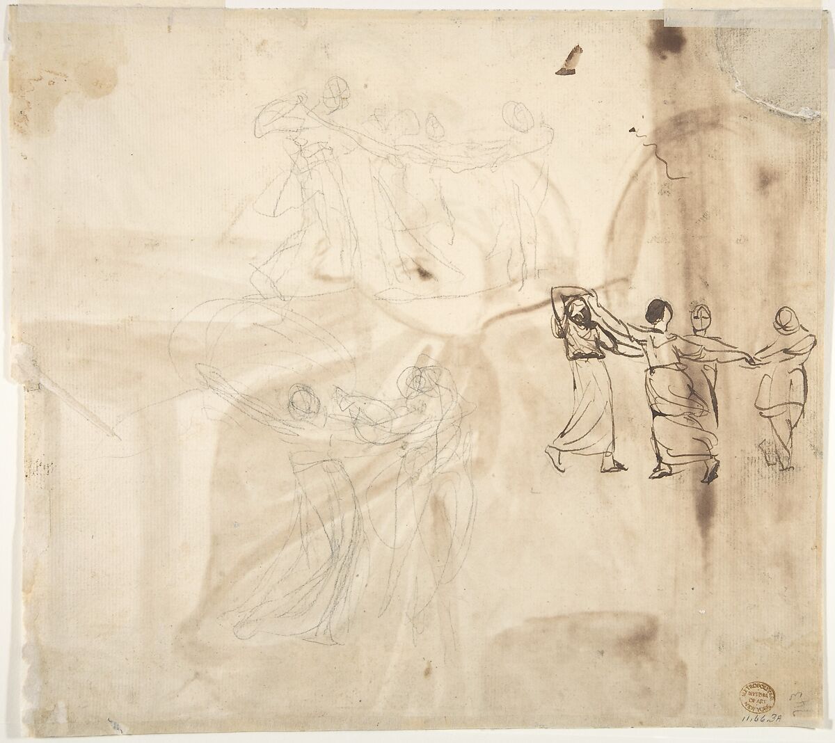 Lady Seated at a Table (recto); Dancing Figures (verso), George Romney (British, Beckside, Lancashire 1734–1802 Kendal, Cumbria), Recto: pen and brown ink, brush and brown wash
Verso: black chalk, pen and brown ink