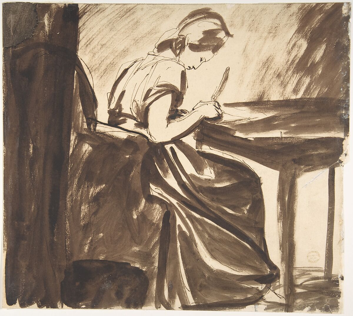 Lady Seated at a Table (recto); Dancing Figures (verso), George Romney (British, Beckside, Lancashire 1734–1802 Kendal, Cumbria), Recto: pen and brown ink, brush and brown wash
Verso: black chalk, pen and brown ink 