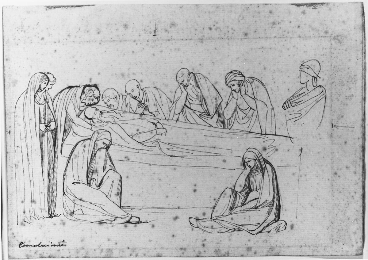 Mourning Figures: possibly a copy after a fresco by Cimabue, George Romney (British, Beckside, Lancashire 1734–1802 Kendal, Cumbria), Pen and brown ink over traces of black chalk