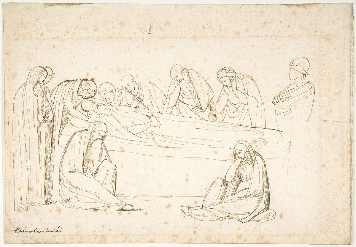 Mourning Figures: possibly a copy after a fresco by Cimabue, George Romney (British, Beckside, Lancashire 1734–1802 Kendal, Cumbria), Pen and brown ink over traces of black chalk 