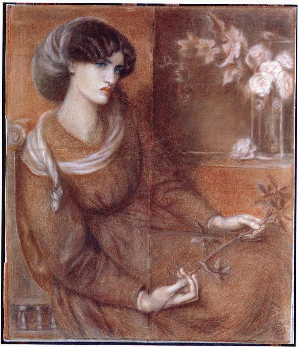 Jane Morris: Study for "Mariana", Dante Gabriel Rossetti (British, London 1828–1882 Birchington-on-Sea), Red, brown, off-white and black chalk on tan paper; four sheets butt-joined (and slightly tented)