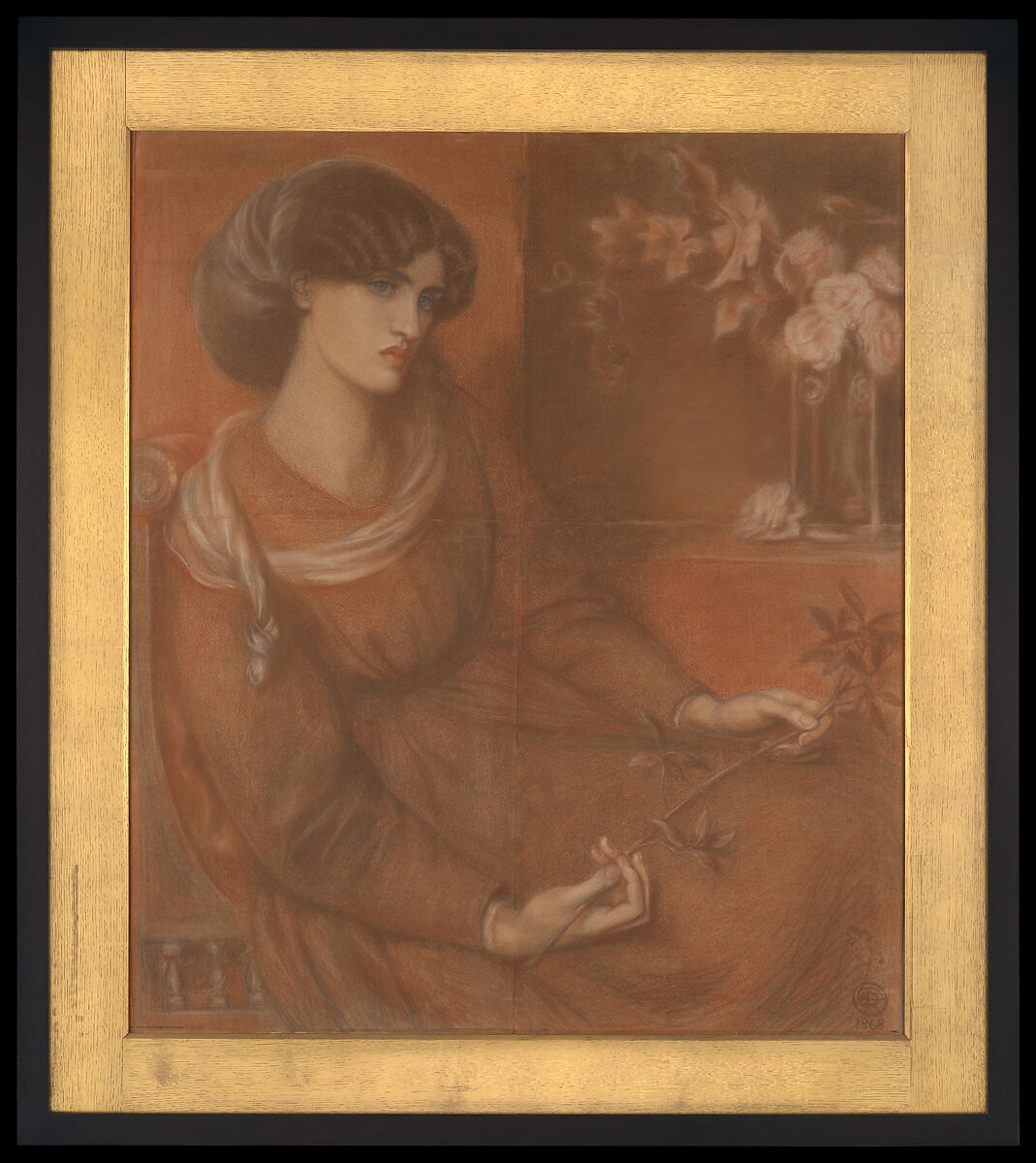 Jane Morris: Study for "Mariana", Dante Gabriel Rossetti (British, London 1828–1882 Birchington-on-Sea), Red, brown, off-white and black chalk on tan paper; four sheets butt-joined (and slightly tented)