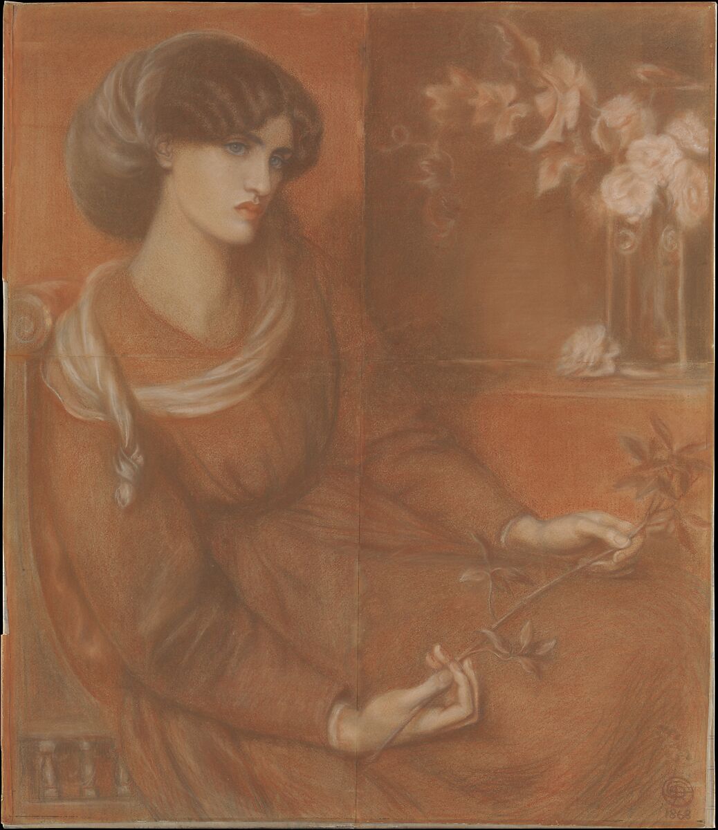 Jane Morris: Study for "Mariana", Dante Gabriel Rossetti (British, London 1828–1882 Birchington-on-Sea), Red, brown, off-white and black chalk on tan paper; four sheets butt-joined (and slightly tented)