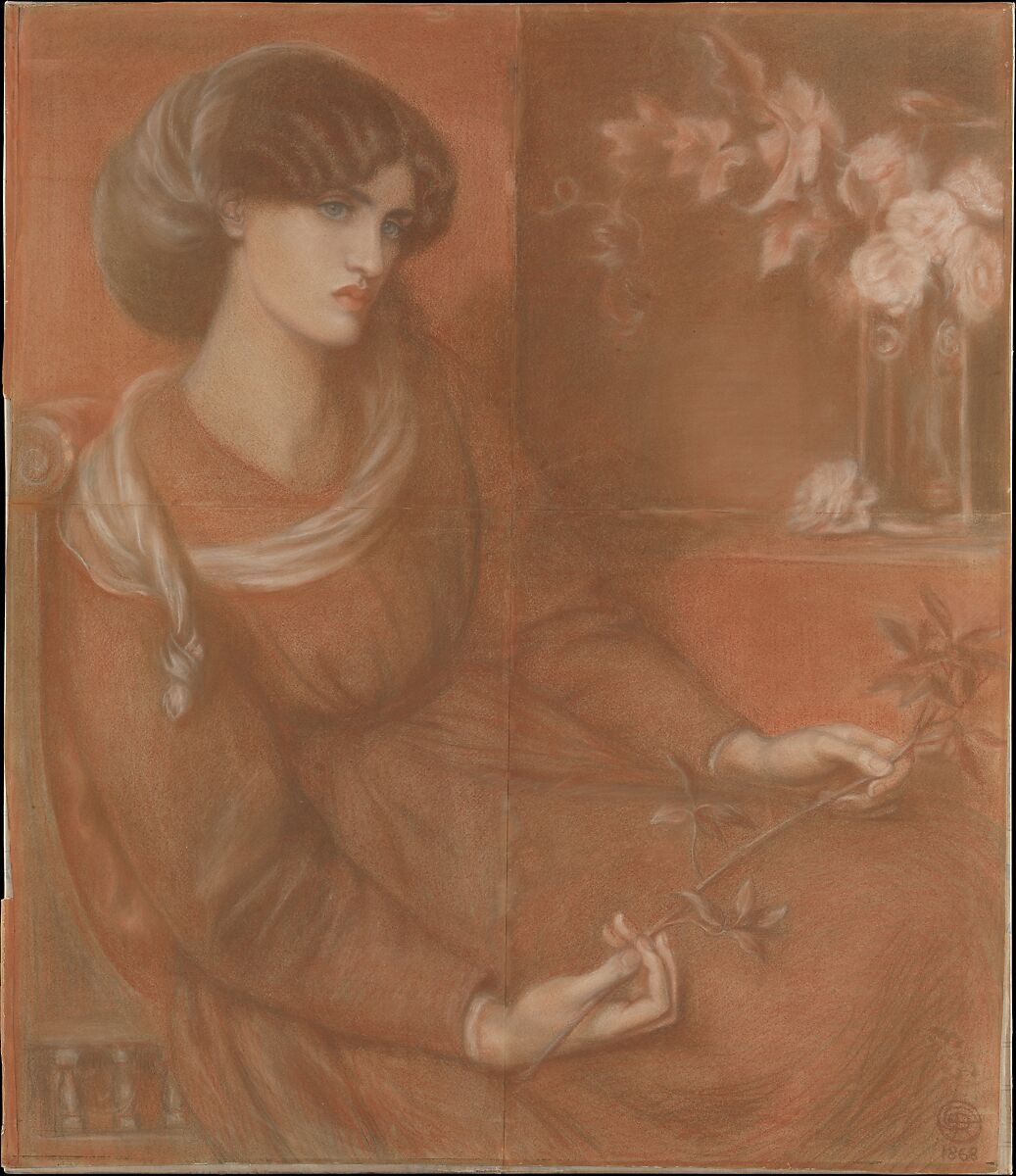 Jane Morris: Study for "Mariana", Dante Gabriel Rossetti (British, London 1828–1882 Birchington-on-Sea), Red, brown, off-white and black chalk on tan paper; four sheets butt-joined (and slightly tented) 