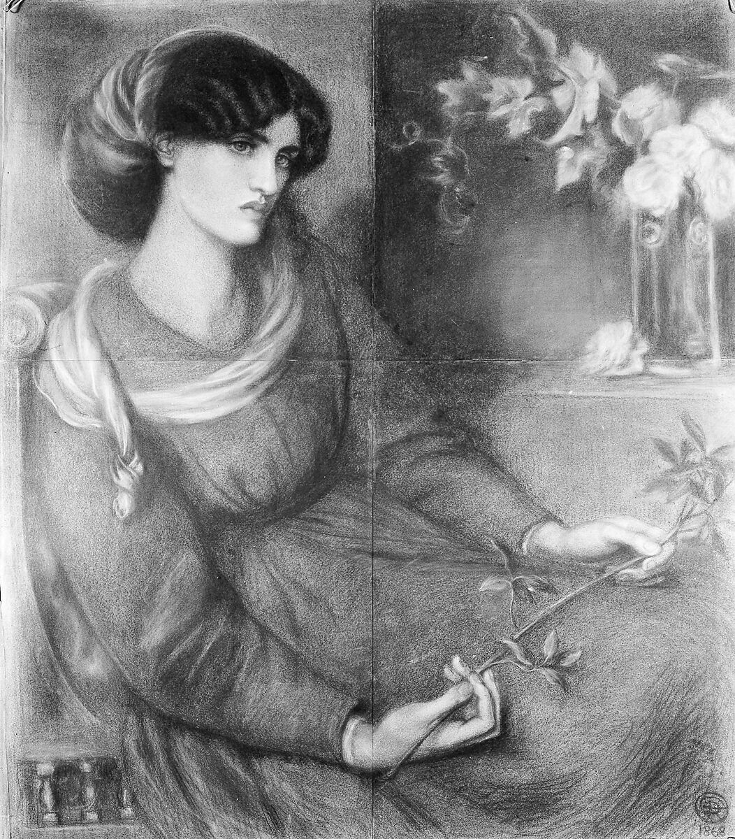 Jane Morris: Study for "Mariana", Dante Gabriel Rossetti (British, London 1828–1882 Birchington-on-Sea), Red, brown, off-white and black chalk on tan paper; four sheets butt-joined (and slightly tented)
