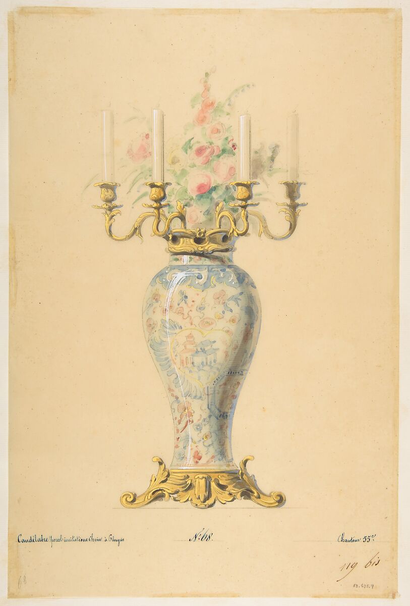 Design for a Vase with Candelabra, Anonymous, French, 19th century, Graphite, watercolor, and gouache 