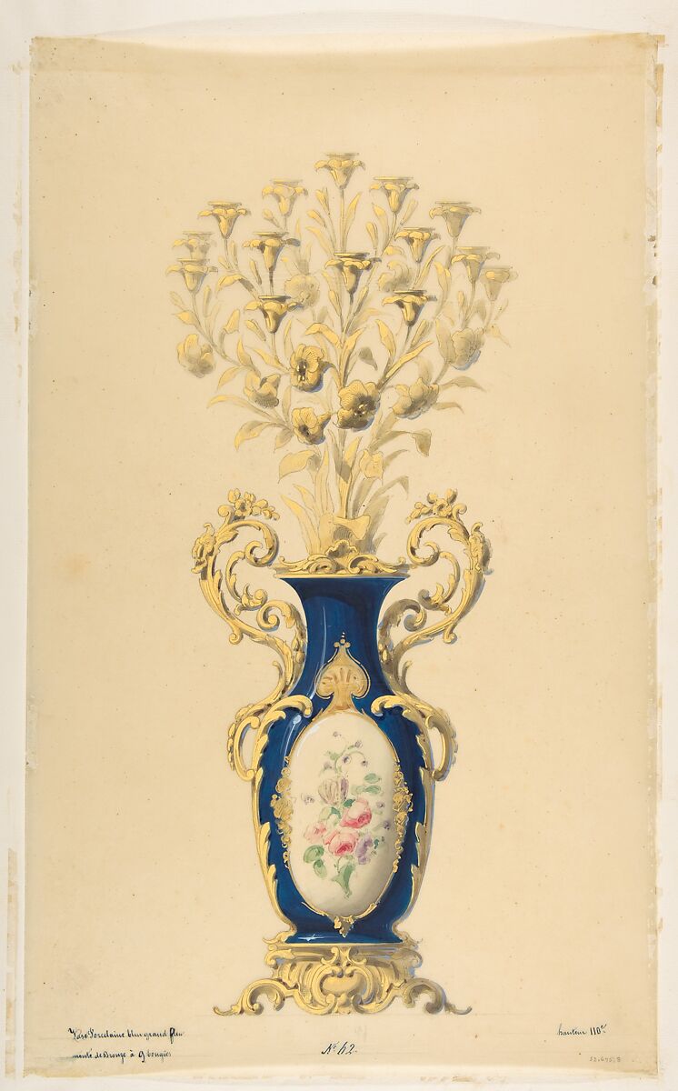 Design for a Porcelain Candelabra with Nine Branches, Anonymous, French, 19th century, Graphite, watercolor, gouache, and gold gilt 