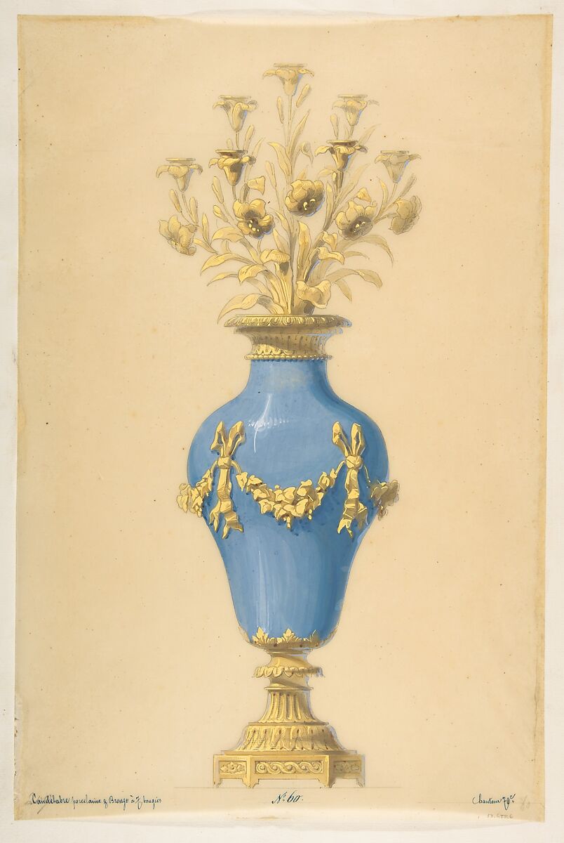 Design for a Porcelain Candelabra with Seven Branches, Anonymous, French, 19th century, Graphite, brush and gray and yellow wash, and gouache 