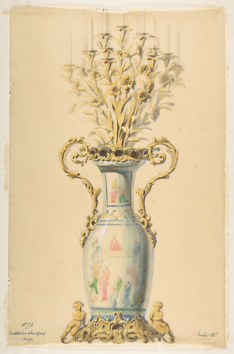 Design for a Gilt-Bronze Chinese Porcelain Candelabra with Fifteen Arms, Anonymous, French, 19th century, Graphite, watercolor, gouache, and gold gilt 