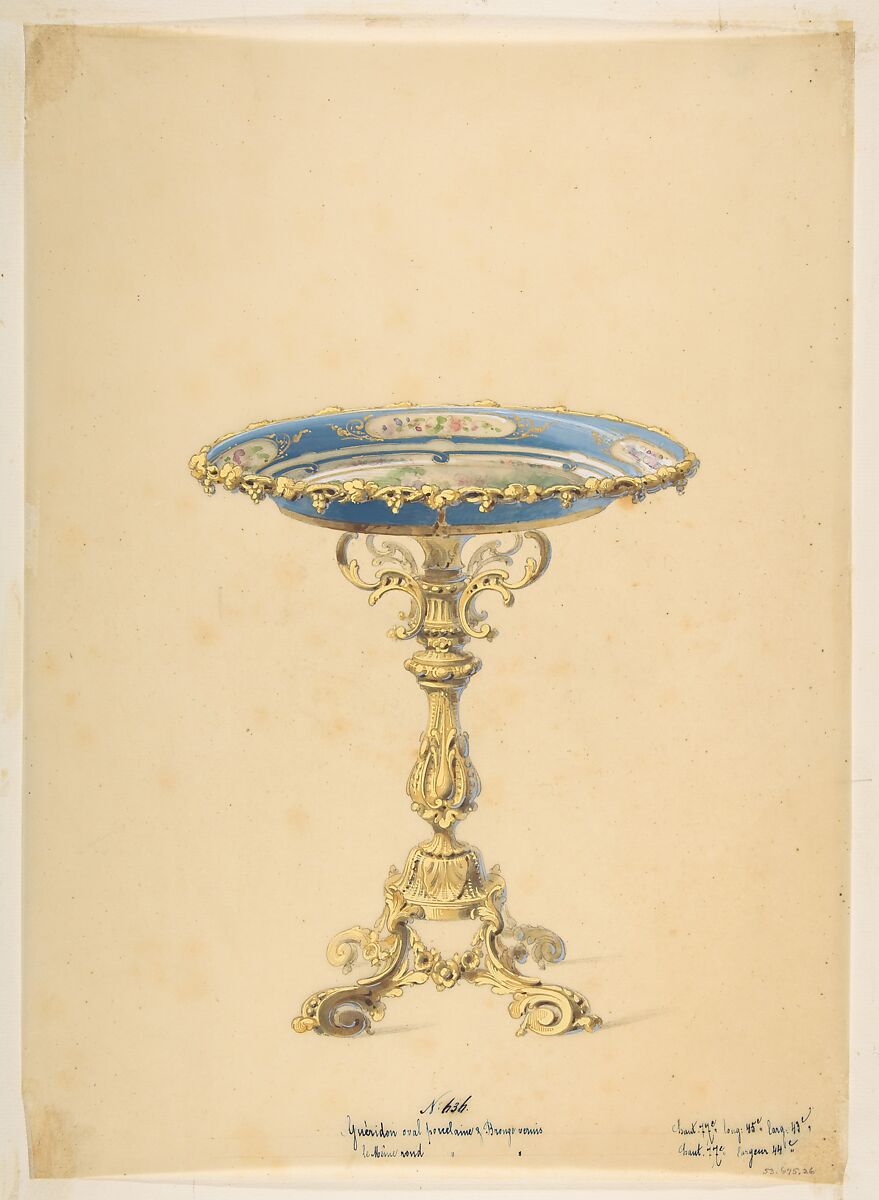 Design for a Round Porcelain Table with Polished Bronze, Anonymous, French, 19th century, Graphite, watercolor, and gouache 