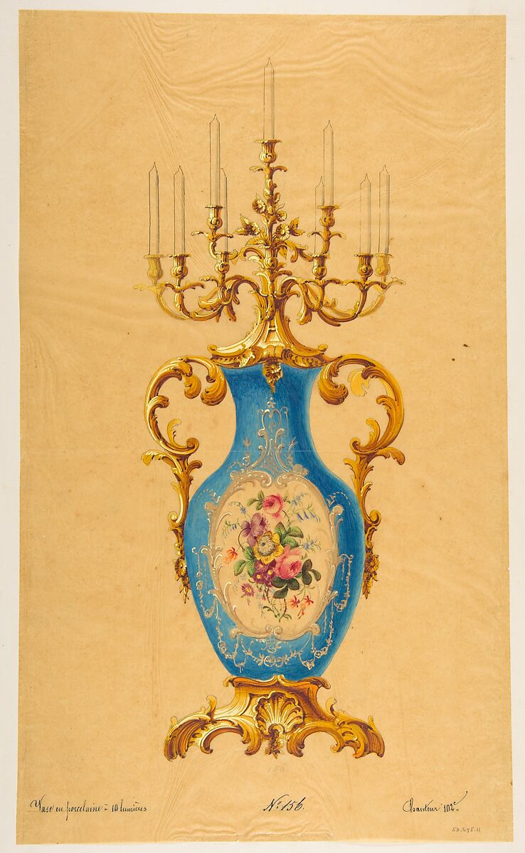 Design for a Porcelain Candelabra, Anonymous, French, 19th century, Graphite, watercolor, gouache, and gold gilt 