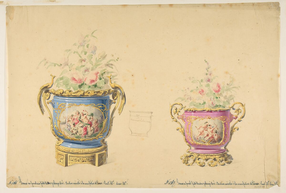 Design for Two Sèvres Porcelain Flower Pots, Anonymous, French, 19th century, Graphite, watercolor, gouache, and gold gilt 