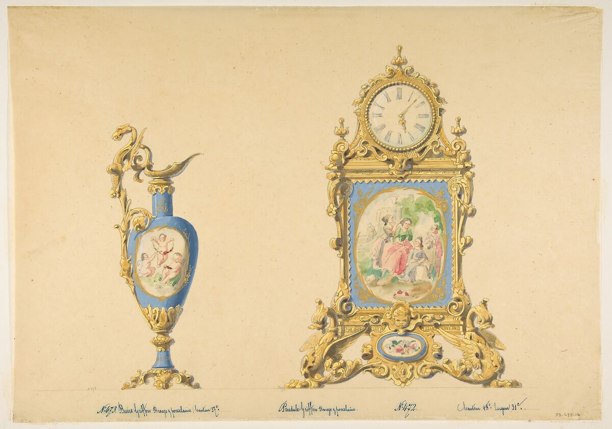 Designs for an Ewer and Clock, Anonymous, French, 19th century, Graphite, watercolor, and gouache 