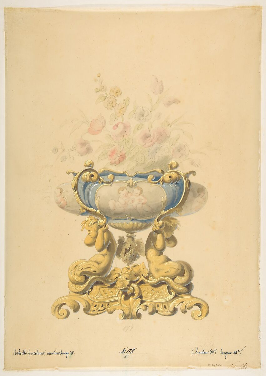 Design for a Porcelain Flower Bowl with Bronze Mount, Anonymous, French, 19th century, Graphite, watercolor, and gouache 