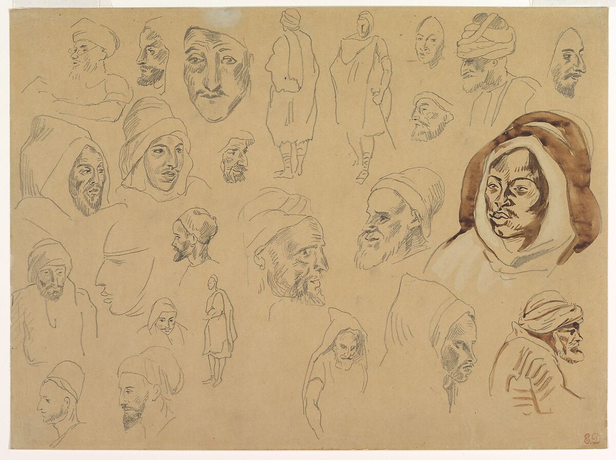 Studies of Arab Heads and Figures, Eugène Delacroix (French, Charenton-Saint-Maurice 1798–1863 Paris), Graphite, brush and brown wash, diluted white gouache on tracing paper, laid down 