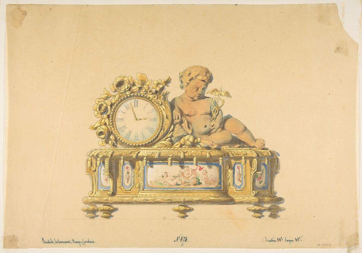 Design for a Clock: Commerce, Anonymous, French, 19th century, Graphite, watercolor, gouache, and gold gilt 