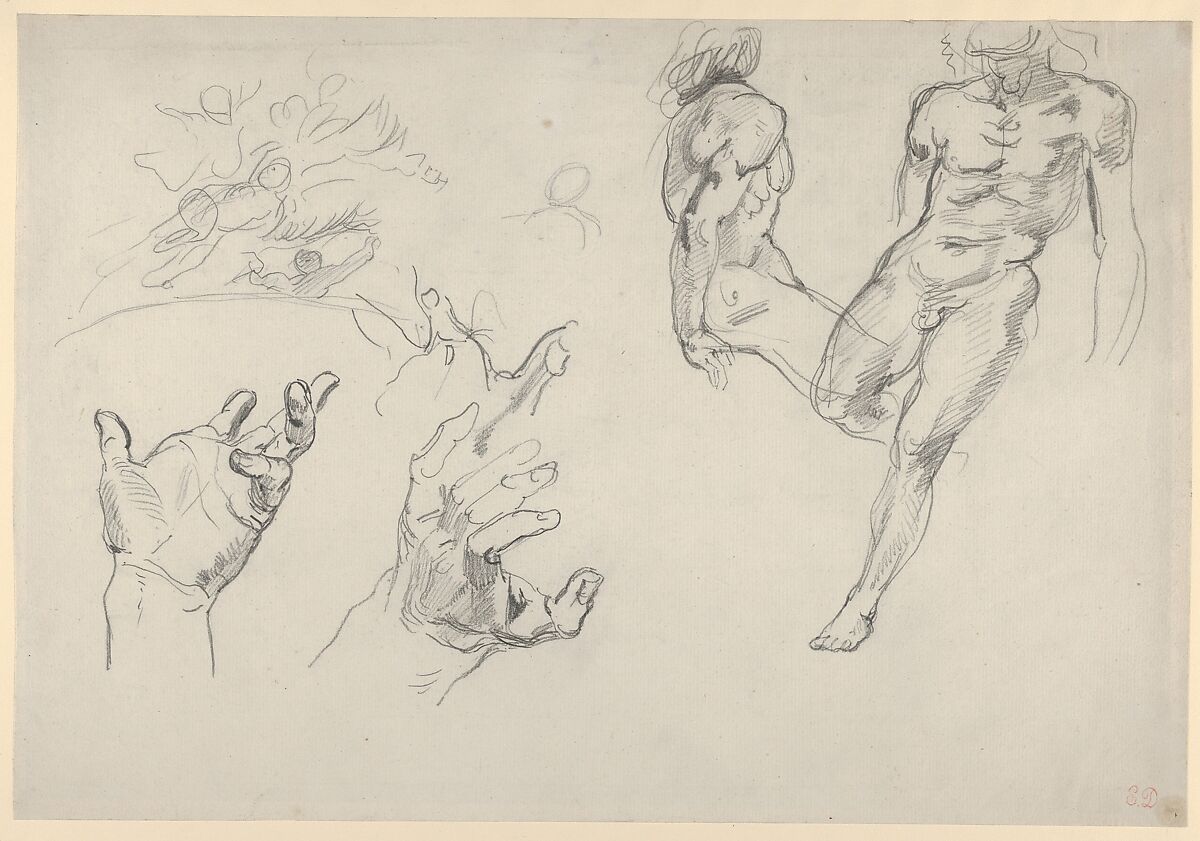 Studies of Hands and Figures for the Salon du Roi, Palais Bourbon, Eugène Delacroix (French, Charenton-Saint-Maurice 1798–1863 Paris), Graphite 