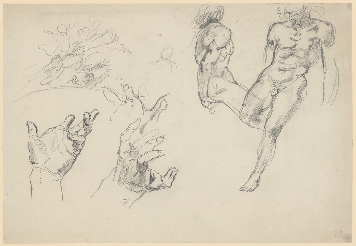 Studies of Hands and Figures for the Salon du Roi, Palais Bourbon, Eugène Delacroix (French, Charenton-Saint-Maurice 1798–1863 Paris), Graphite