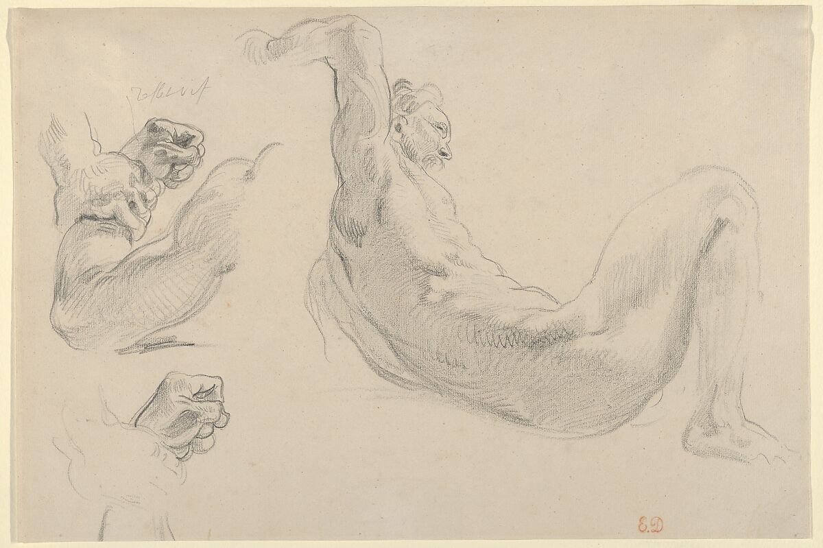 Studies of a Fallen Male Nude for "Hercules and the Horses of Diomedes", Eugène Delacroix (French, Charenton-Saint-Maurice 1798–1863 Paris), Graphite 
