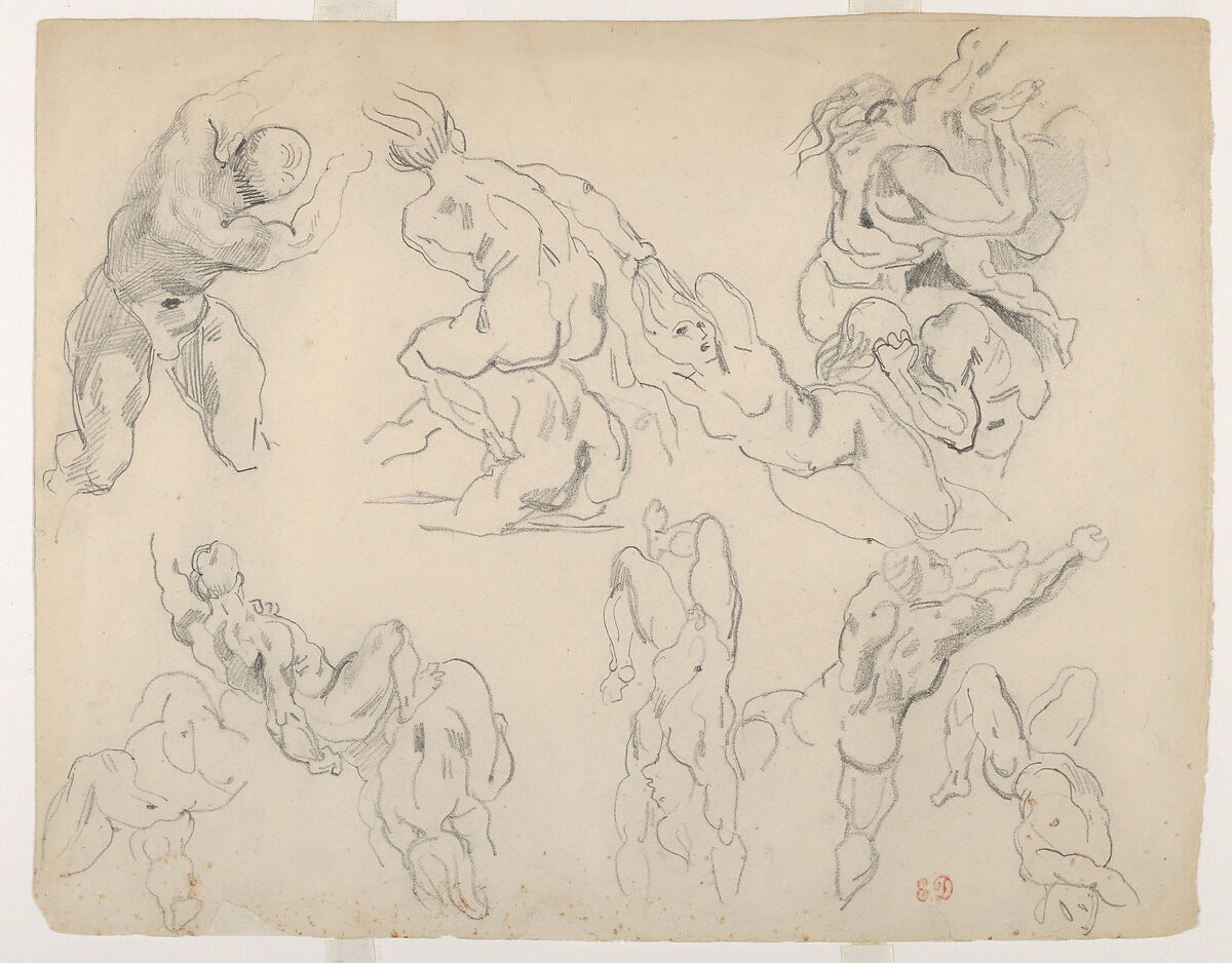 Figure Studies after Rubens's "Fall of the Rebel Angels", Eugène Delacroix (French, Charenton-Saint-Maurice 1798–1863 Paris), Graphite 
