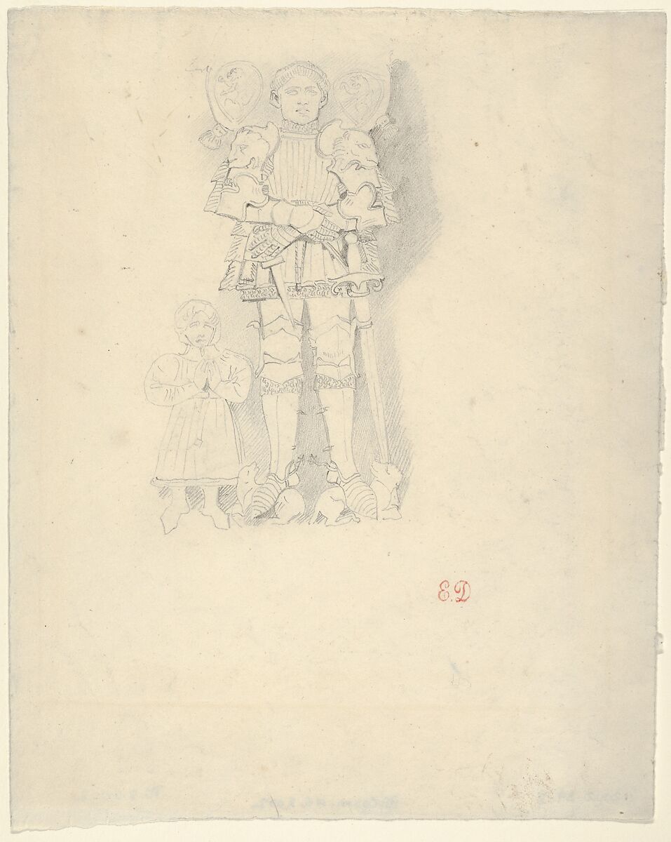 Tomb Effigies: A Man in a Suit of Armor beside a Child, Eugène Delacroix (French, Charenton-Saint-Maurice 1798–1863 Paris), Graphite 