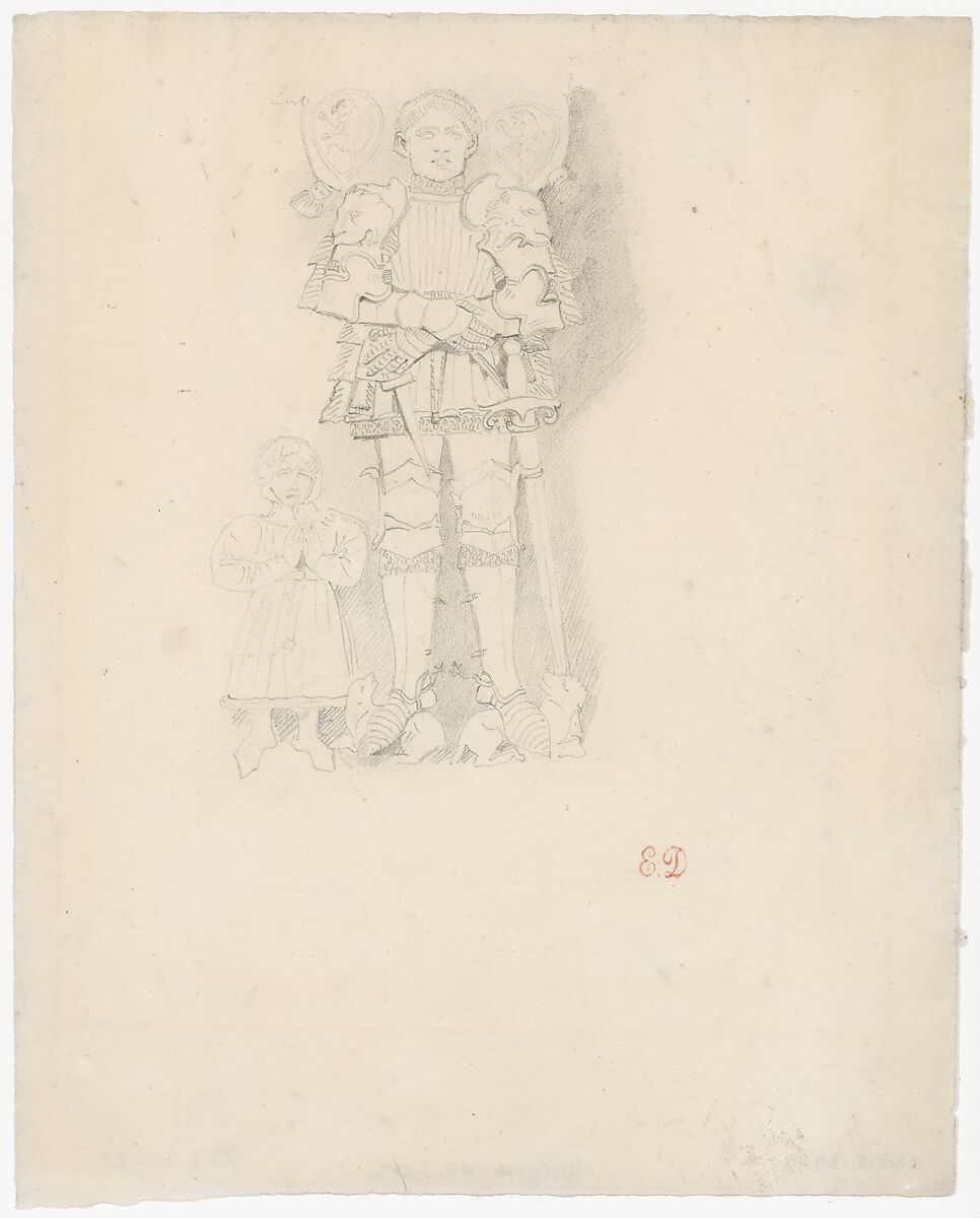 Tomb Effigies: A Man in a Suit of Armor beside a Child, Eugène Delacroix (French, Charenton-Saint-Maurice 1798–1863 Paris), Graphite