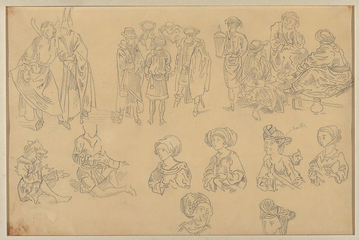 Figures in Medieval Costume (Tracings from the "Nuremberg Chronicle"), Eugène Delacroix (French, Charenton-Saint-Maurice 1798–1863 Paris), Graphite on tracing paper, laid down 
