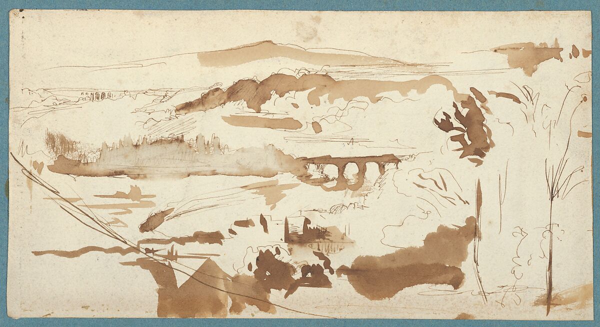 Landscape with an Aqueduct, Eugène Delacroix (French, Charenton-Saint-Maurice 1798–1863 Paris), Pen and brown ink, brush and brown wash 
