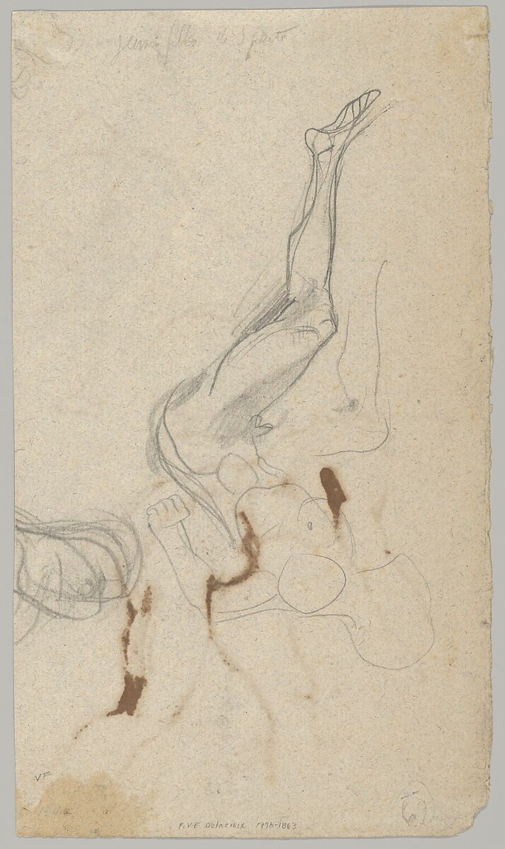 Studies of a Lion and a Female Nude (recto); Figure Studies (verso), Eugène Delacroix (French, Charenton-Saint-Maurice 1798–1863 Paris), Pen and brown ink (recto); graphite (verso) on heavy laid paper