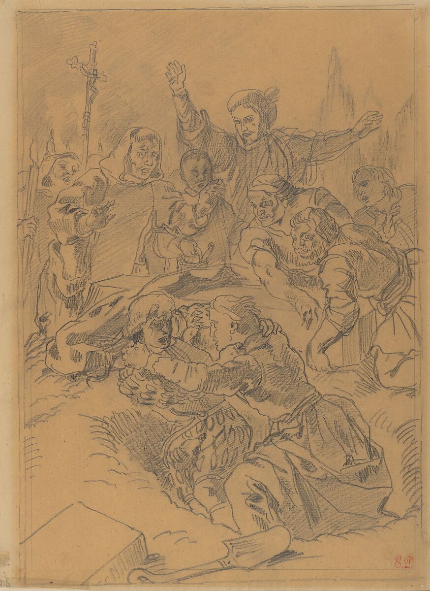 Hamlet and Laertes at the Tomb of Ophelia, Eugène Delacroix (French, Charenton-Saint-Maurice 1798–1863 Paris), Graphite on tracing paper, laid down 