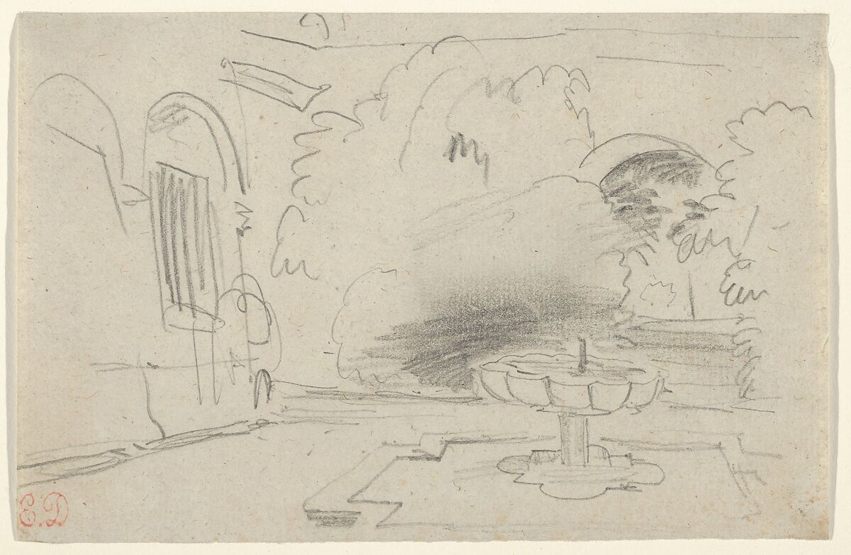 Courtyard with a Fountain, Eugène Delacroix (French, Charenton-Saint-Maurice 1798–1863 Paris), Graphite 