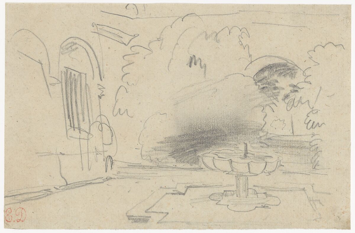 Courtyard with a Fountain, Eugène Delacroix (French, Charenton-Saint-Maurice 1798–1863 Paris), Graphite