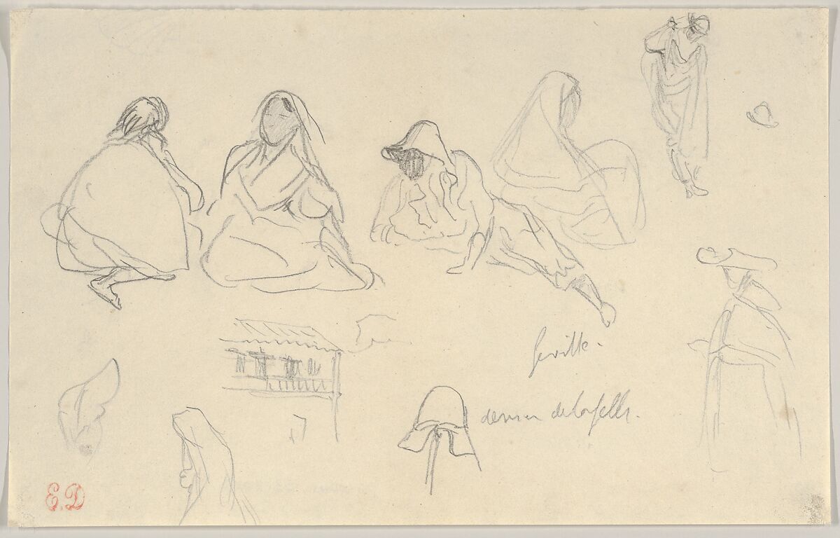 Sketches of Figures and a Tile-Roofed Building, Seville, Spain, Eugène Delacroix (French, Charenton-Saint-Maurice 1798–1863 Paris), Graphite 