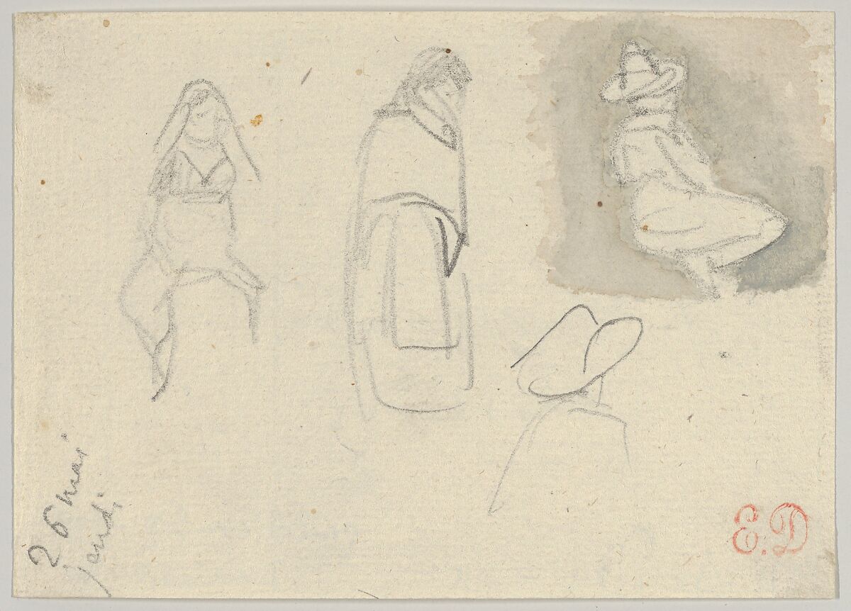 Sketches of Four Figures, Spain, Eugène Delacroix (French, Charenton-Saint-Maurice 1798–1863 Paris), Graphite, brush and brown wash 