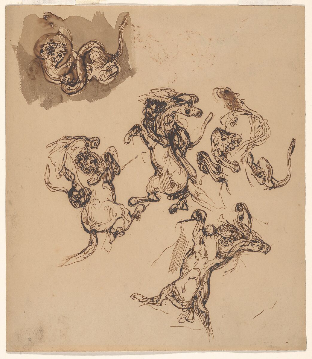 Studies of a Rearing Horse Attacked by a Lion and a Lion Wrestling with a Serpent, Eugène Delacroix (French, Charenton-Saint-Maurice 1798–1863 Paris), Pen and brown ink, brush and brown wash, on writing paper 