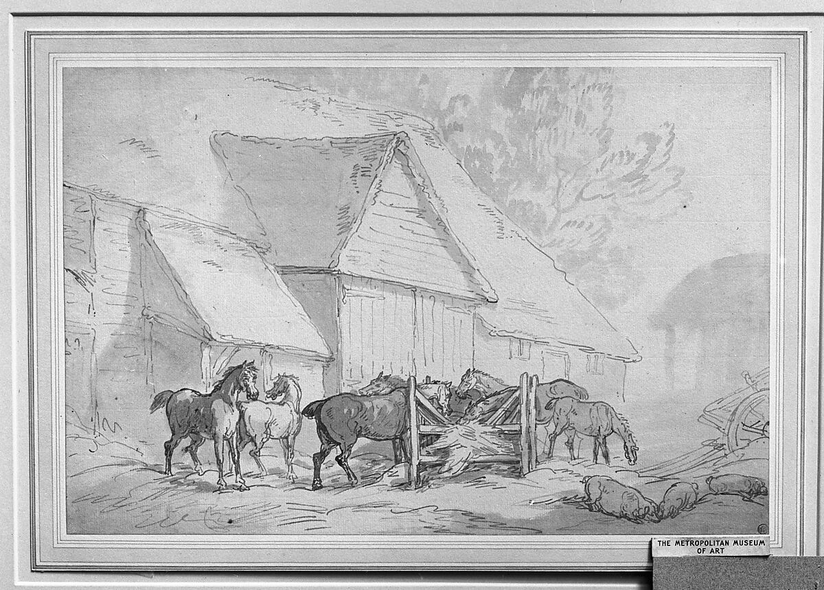 Stable Yard with Horses, Thomas Rowlandson (British, London 1757–1827 London), Pen and gray ink, brush and gray wash