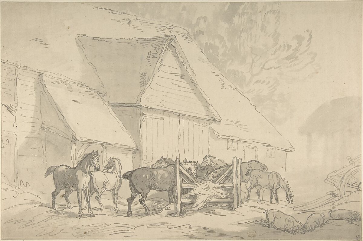 Stable Yard with Horses, Thomas Rowlandson (British, London 1757–1827 London), Pen and gray ink, brush and gray wash 