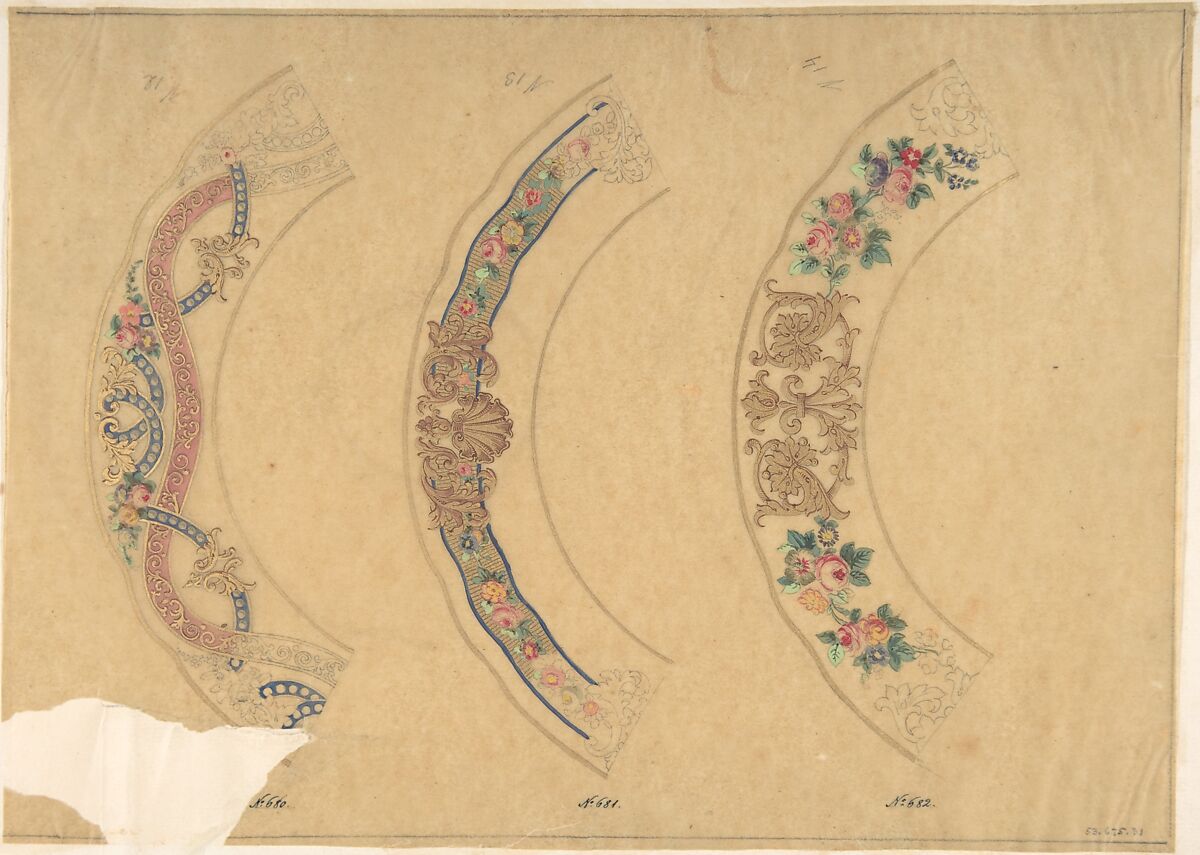 Three Designs for Plate Borders (recto); Three Designs for Plate Borders (verso), Anonymous, French, 19th century, On recto, graphite, watercolor, gouache, and gold gilt. Framing lines in graphite. On verso, brush and brown wash. 