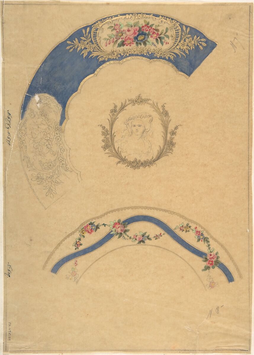 Two Designs for Plate Borders, Anonymous, French, 19th century, Graphite, watercolor, gouache, and gold gilt. Framing lines in graphite. 