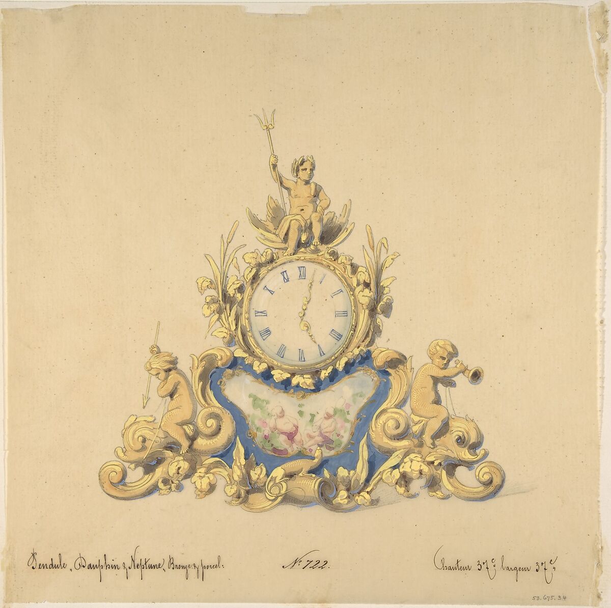 Design for a Clock with Neptune, Anonymous, French, 19th century, Graphite, watercolor, gouache, and gold gilt 