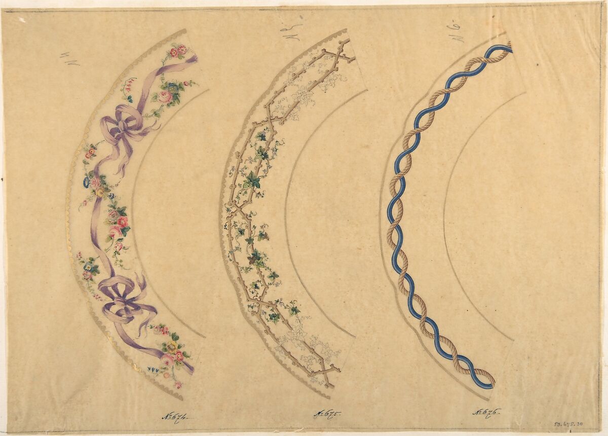 Three Designs for Plate Borders, Anonymous, French, 19th century, Graphite, watercolor, and gold paint. Framing lines in graphite. 