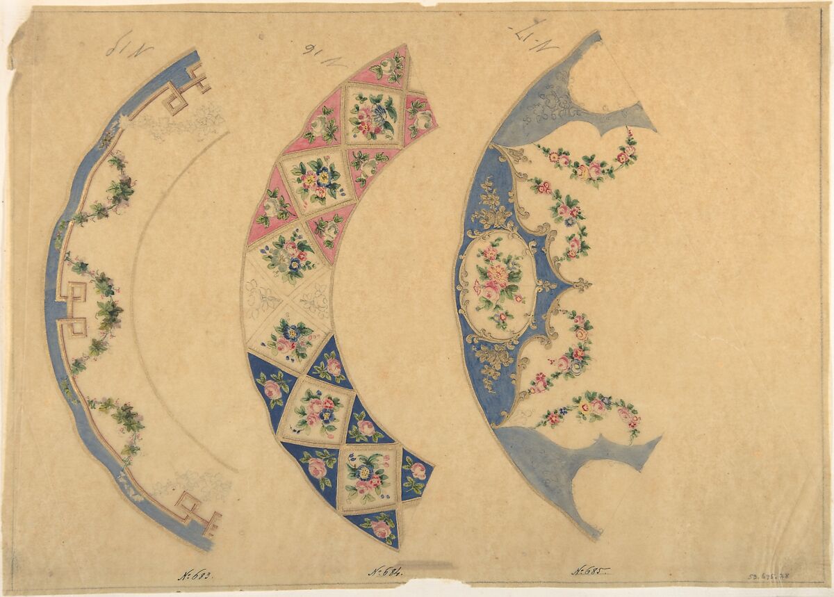 Three Designs for Plate Borders, Anonymous, French, 19th century, Graphite, watercolor, and gold glit. Framing lines in graphite. 