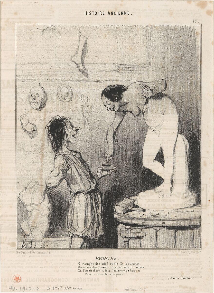 Pygmalion, from Histoire Ancienne, published in Le Charivari, December 28, 1842, Honoré Daumier (French, Marseilles 1808–1879 Valmondois), Lithograph; third state of three (Delteil) 